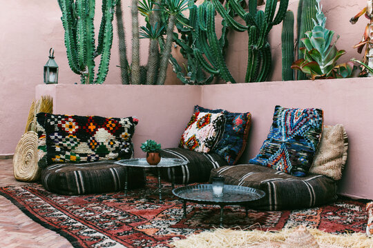 Low Coffee Tables With Exotic Ethnic Cushions