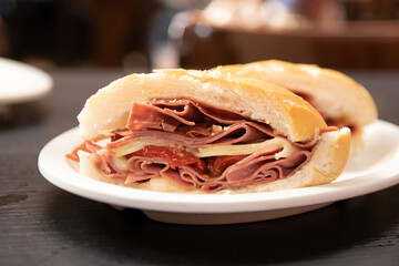 Traditional mortadella sandwich from Mercado Municipal (Municipal Market) in Sao Paulo, Brazil....