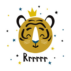 Fototapeta premium Cute tiger face. Cartoon vector illustration