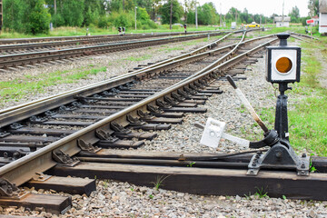 Adjustable arrow on a fork of the railways. Arrow for switching the railway with rail track elements.