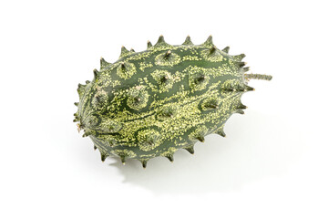Kiwano fruit, spiked melon or jelly melon isolated on white background. Cucumis metuliferus