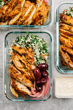Meal prepped chicken shawarma tabbouleh bowls