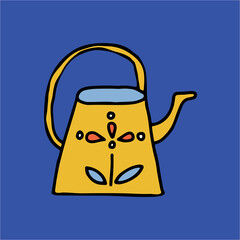 A yellow watering can in Scandinavian Hygge style, hand drawn doodle illustration. Hygge lifestyle concept art