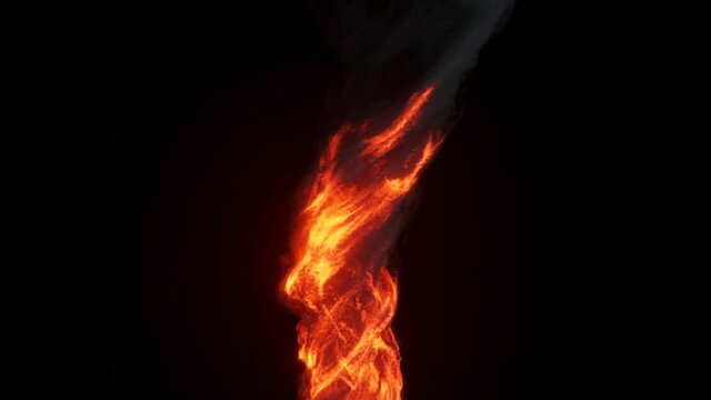 Fire tornado, bright explosion with black clouds, smoke. Fire wall, intense fuel burning. 3D rendering
