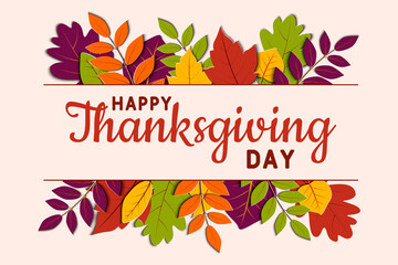 Happy thanksgiving day with autumn leaves. Thanksgiving day greetings card, flyer, banner, poster.