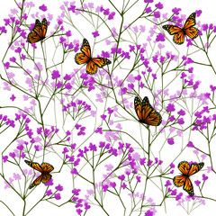 Gypsophila seamless floral pattern with butterflies. Vector illustration