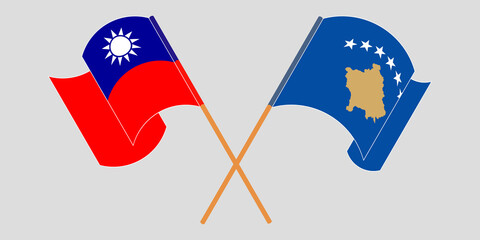 Crossed and waving flags of Kosovo and Taiwan