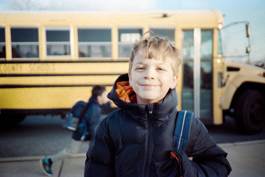 First day of school bus stop portrait