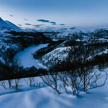 Winter Landscape Panorama During Blue Hour