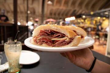 Traditional mortadella sandwich from Mercado Municipal (Municipal Market) in Sao Paulo, Brazil....