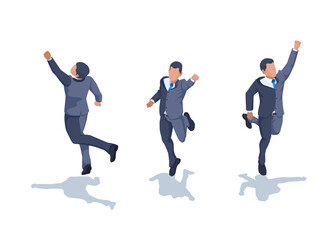 isometric vector image on a white background, a man in business clothes joyfully jumps up with his fist raised, jubilant man