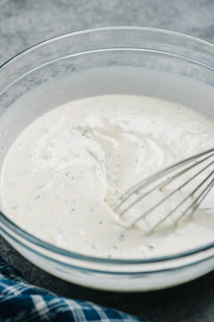 Freshly made ranch dressing in a mixing bowl