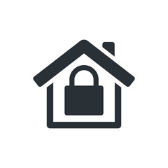 flat vector image on white background, black and white house icon with lock, protected house