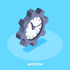 isometric vector image on blue background, gear icon with clock inside, set time