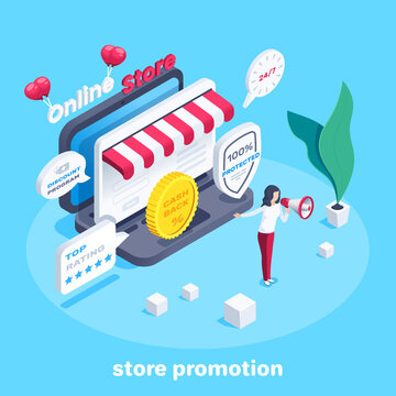 isometric vector image on blue background, online store and woman with loudspeaker, store promotion