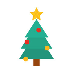 happy merry christmas, pine tree with star and balls decoration, celebration festive flat icon style
