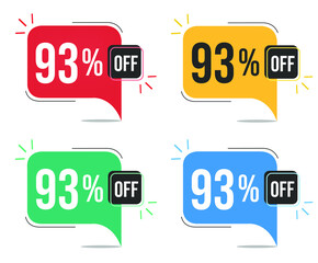 93% off. Red, yellow, green and blue tags with ninety-three percent discount. Banner with four colorful balloons with special offers vector.