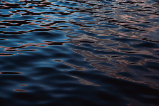 Dark reflections on water surface of lake