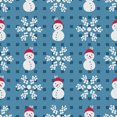 Snowman and snowflakes seamless vector pattern. Winter surface print design for fabrics, stationery, scrapbook, gift wrapping paper, textiles, and packaging.
