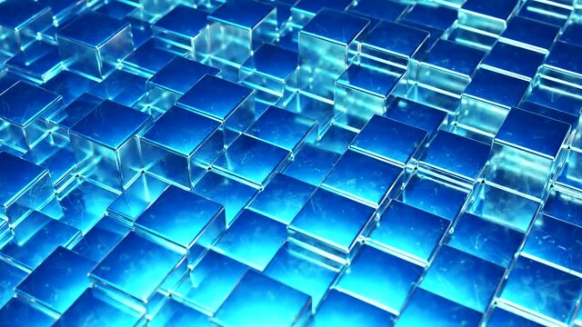 Abstract blue metallic background from cubes. Wall of a metal cube. Seamless loop 3d render