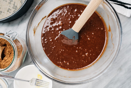 Preparing batter for flourless chocolate cake