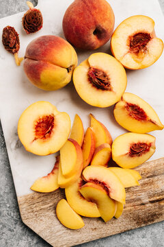 Sliced peaches still life
