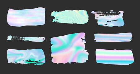 modern abstract organic rainbow holographic brush strokes grunge clip art shapes set isolated on a grey background