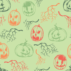 Seamless pattern of pumpkins sketches. Hand drawn vector wallpaper in engraving style. Halloween vintage colorful background for original holiday design, print, wrapping, textile, fabric, decor, card.