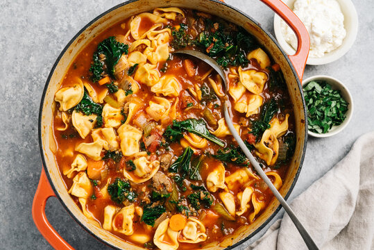 Tortellini soup in a Dutch oven