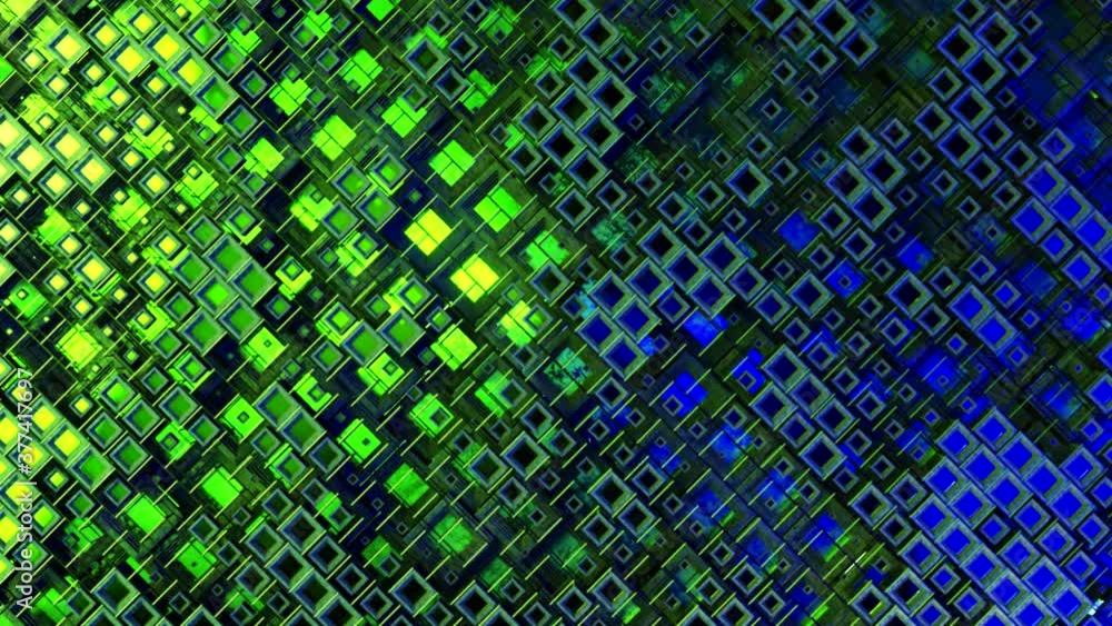 Poster 3d animation of colorful glass rows of cubes floating through the prog in 4k, creating an abstract g