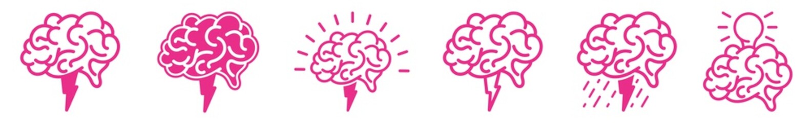 Brainstorming Icon Pink | Brainstorm Illustration | Thinking Symbol | Brain Lightning Logo | Creative Idea Sign | Isolated | Variations