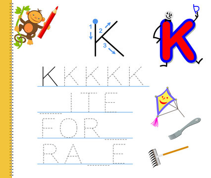Learn to trace letter K. Study English words. Worksheet for children. Education game with ABC for kindergarten. Developing kids skills for writing and reading. Vector cartoon illustration.