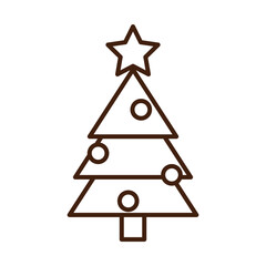 happy merry christmas, pine tree with star and balls decoration, celebration festive linear icon style