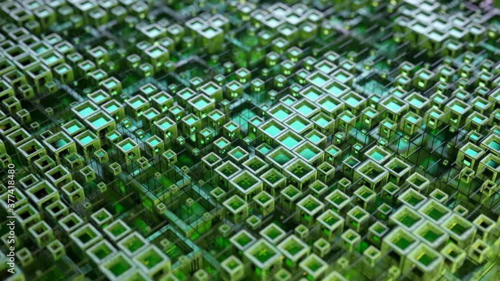 Poster 3d animation of colorful glass rows of cubes floating through the prog in 4k, creating an abstract g