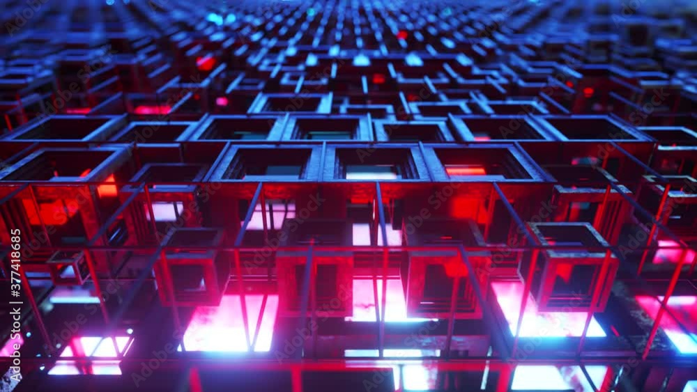 Poster 3d animation of colorful glass rows of cubes floating through the prog in 4k, creating an abstract g
