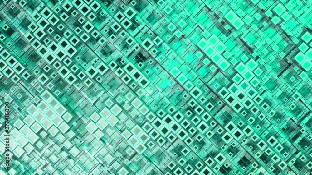 Poster 3d animation of colorful glass rows of cubes floating through the prog in 4k, creating an abstract g