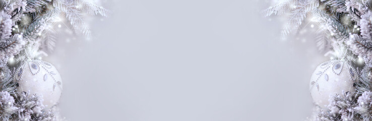 Christmas background with fir tree and festive Christmas toy.Banner. Copy space for text