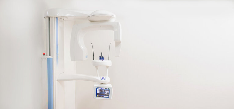 An oral panoramic radiography teeth x-ray machine for orthopantomography  in dental clinics. Nobody present.