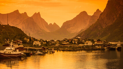 Fjord and mountains landscape. Lofoten islands Norway