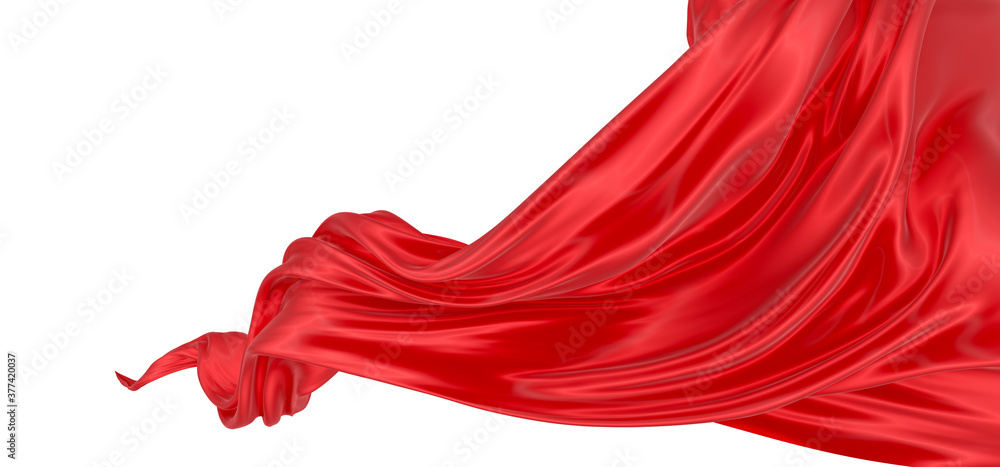 Poster beautiful flowing fabric of red wavy silk or satin. 3d rendering image.