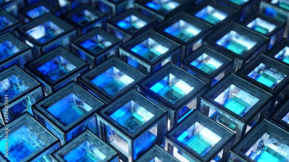 Poster abstract background from metal cubes with random offset effect. the glass inside the cubes reflects 