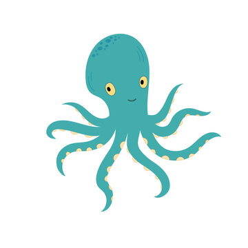 Cute doodle octopus. Colorful cartoon character of sea animal. Isolated vector illustration on a white background in doodle style. Vector design for fabric, print, postcard, t-shirt, children books.