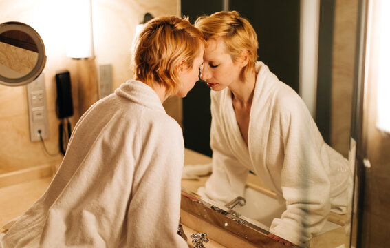 blonde woman love herself.