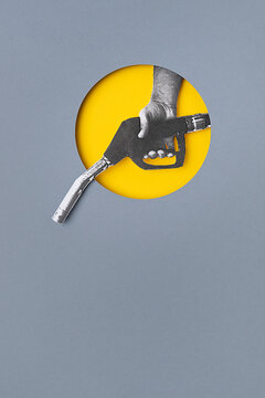 Collage of a hand holding a fuel nozzle.