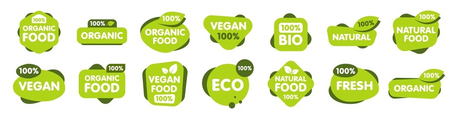 Set of Vegan, Eco, Bio, Organic, Fresh, Healthy, 100 percent, natural food. Natural product. Collection of 30 emblem, cafe, logos, badges tags label tag packaging Vector illustration