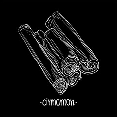 Cinnamon stick vector illustration isolated on black background. Hand drawn sketch. Seasonal food illustration spice and flavor. Cooking, healthy aromatherapy ingredient etc.