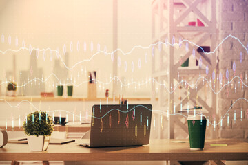 Double exposure of stock market graph drawing and office interior background. Concept of financial...