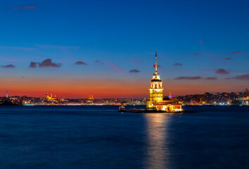 Gorgeous view of the Maiden's Tower in the evening. Kiz Kulesi. Istanbul.