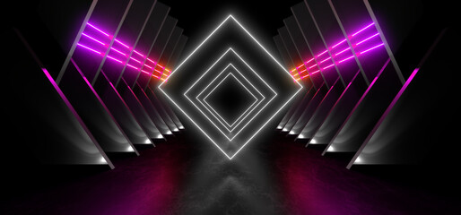 A dark corridor lit by colorful neon lights. Reflections on the floor and walls. 3d rendering image.