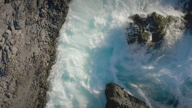 Aerial close view of the water forces of the Petrohue Falls - Puerto Varas, Chile, South America.